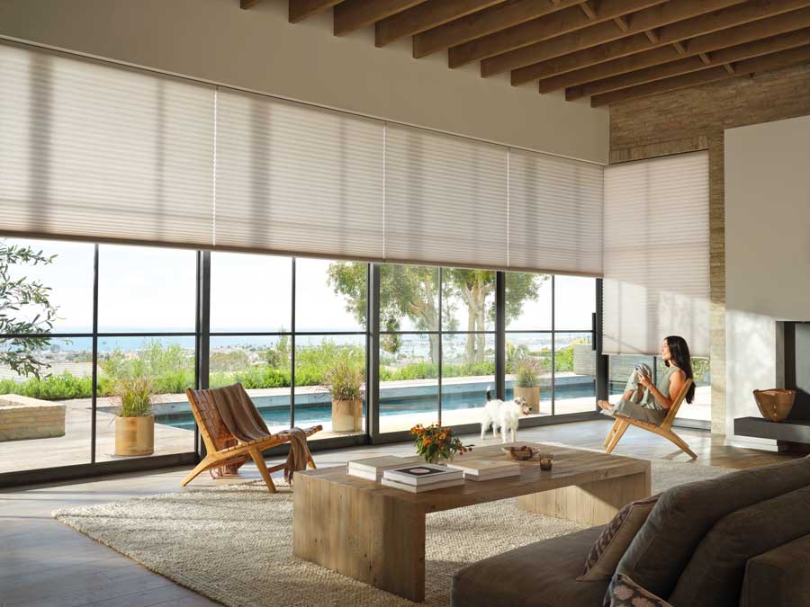 woman adjusts smart blinds in living room with black trim windows covered with honeycomb shades in Rocky River OH home