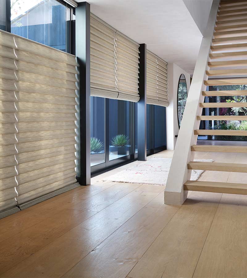 cordless modern roman shades covering large windows trimmed in black for open air home
