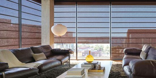 living room with hunter douglas window treatments