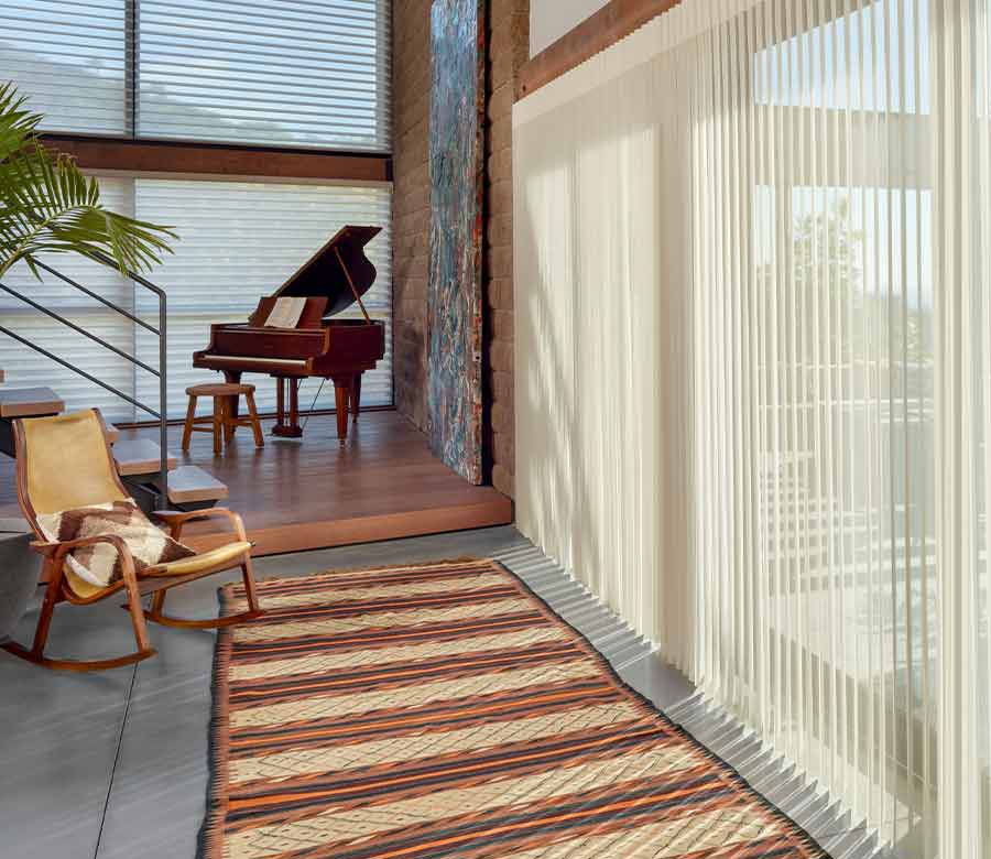 Hunter Douglas Luminette looks like drapery, glides open like vertical blinds for patio doors