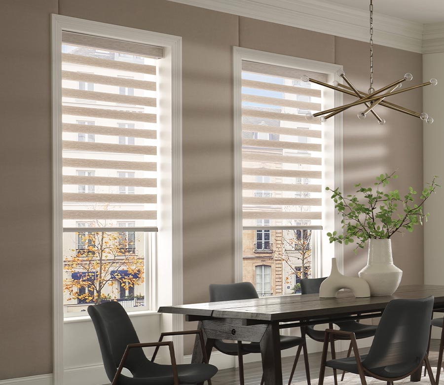 Dining room windows with Hunter Douglas banded shades