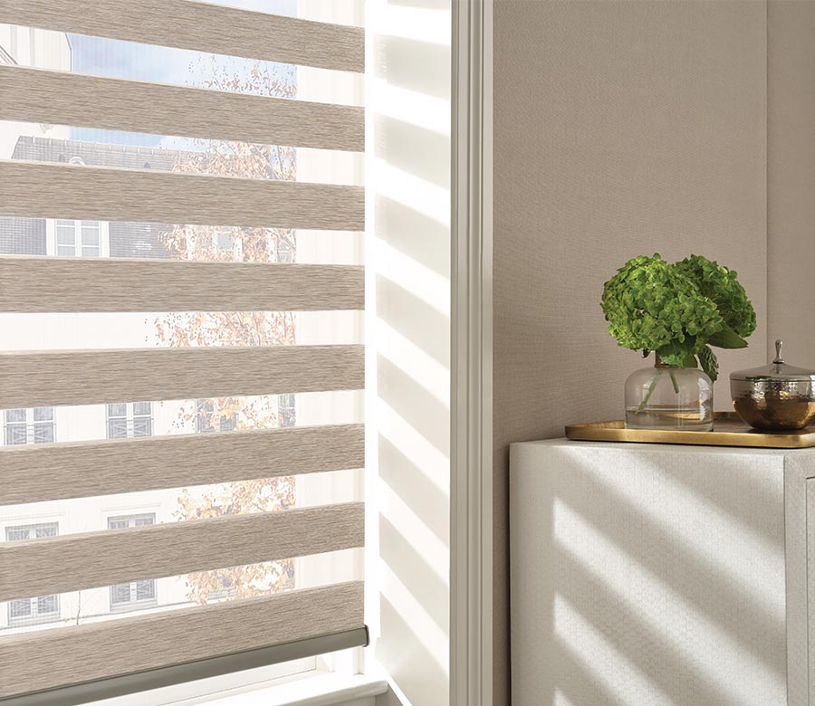 Beige fabric zebra shades on small window