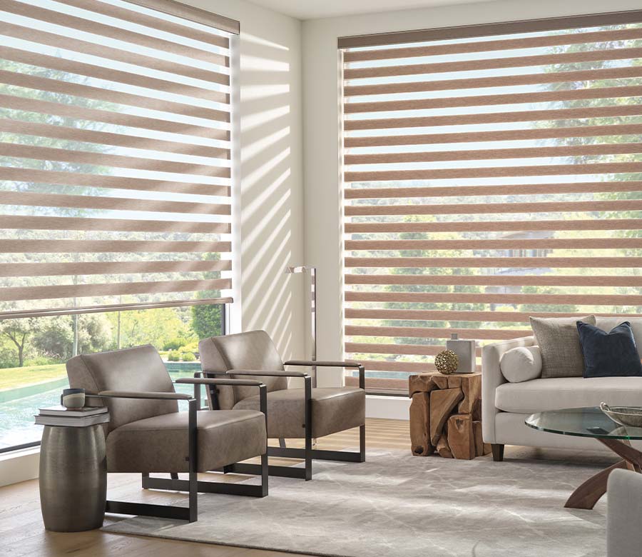 Living room tan zebra blinds