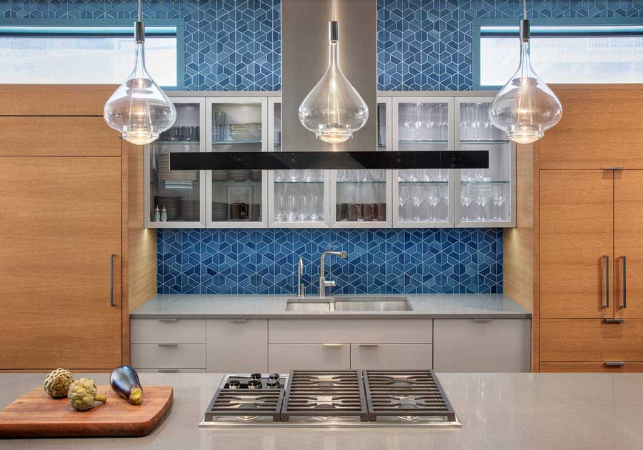 blue and brown kitchen with midcentury modern style