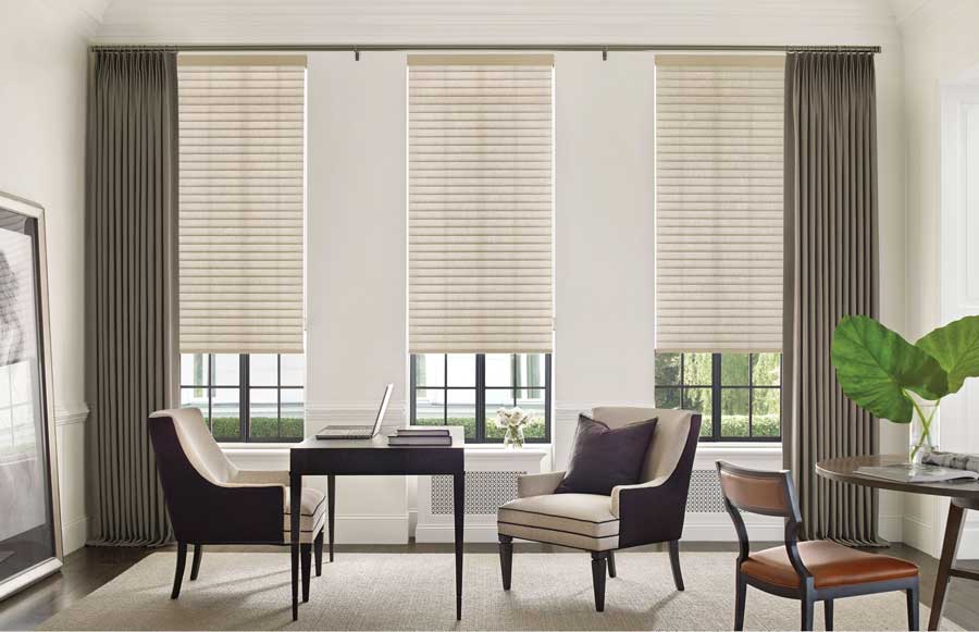 home office with custom drapery and shades