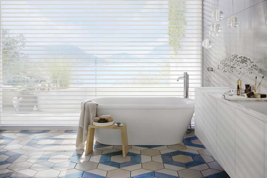 hunter douglas silhouette shades in neutral bathroom with blue and tan tile flooring