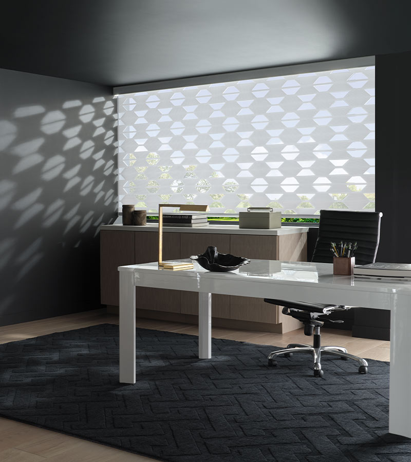 automatic blinds on picture window in home office control for hard to reach windows with designer banded shades