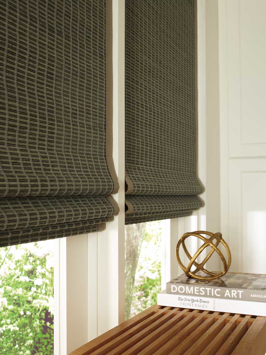 green woven wood window shades
