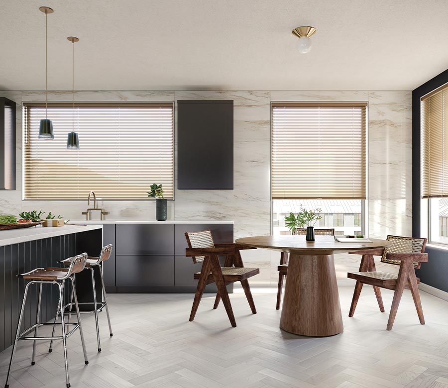 gold metal blinds in modern kitchen