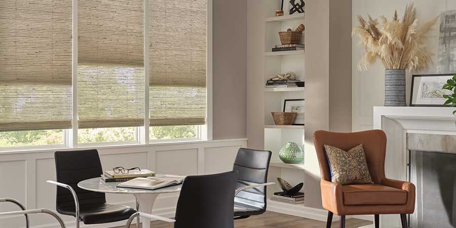 woven wood window shades in dining room