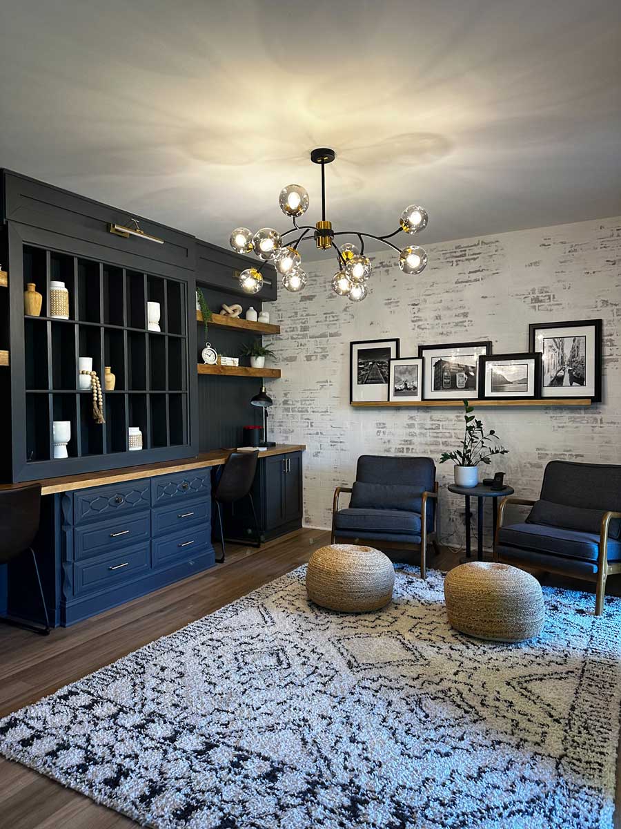 modern home office with built in shelving