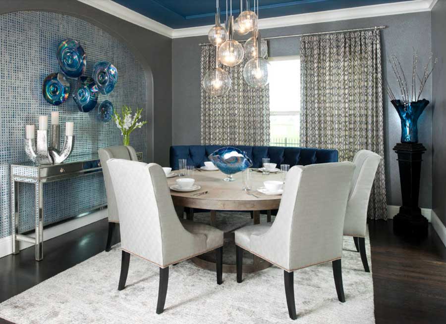 blue and white dining room with bold accents