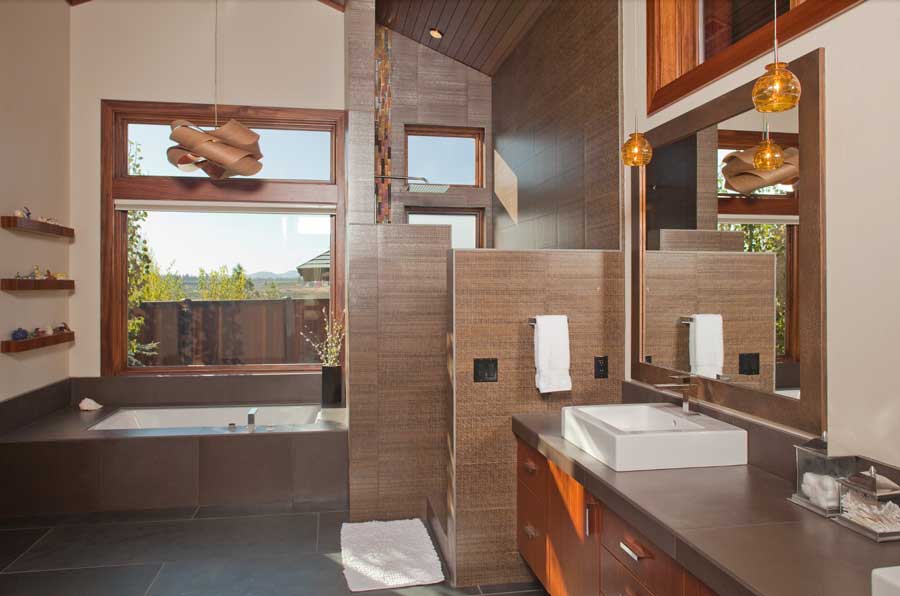 primary bath with layers of brown design elements