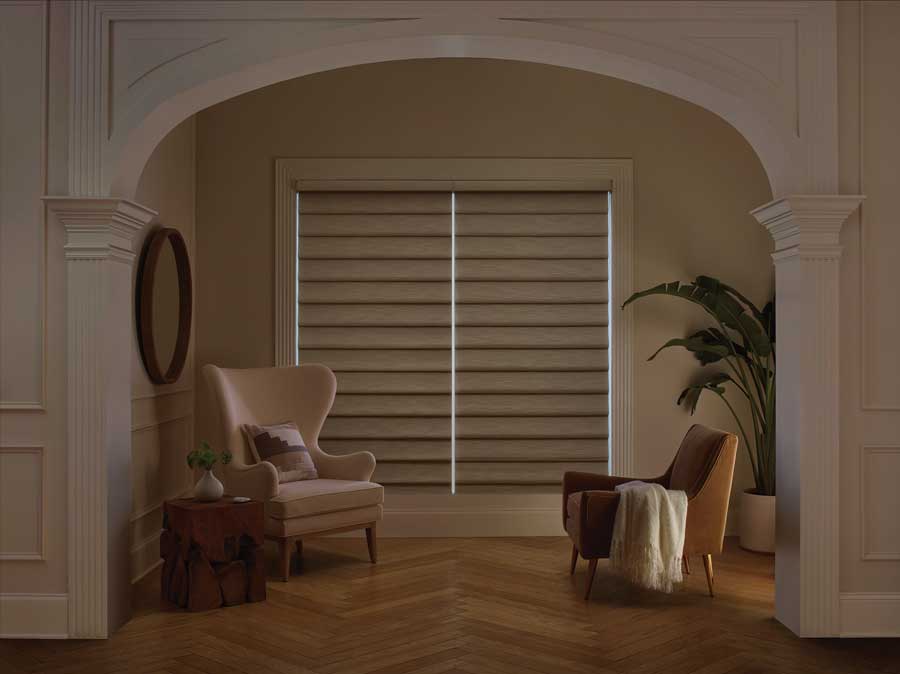 window being darkened with vignette rolling roman shades